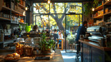 Fototapeta  - A bustling cafe, with patrons enjoying coffee and conversation as the background, during a lazy Sunday morning