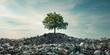 A tree is growing on top of a pile of garbage. Concept of hope and resilience in the face of environmental challenges