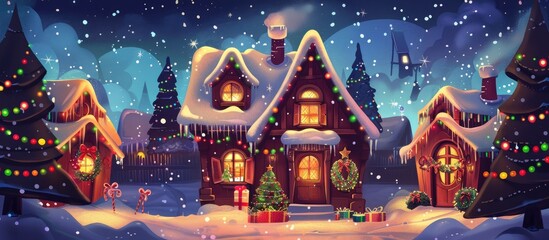 Poster - A winter wonderland of a Christmas village with houses and trees blanketed in snow, creating a picturesque scene of holiday magic and festive cheer