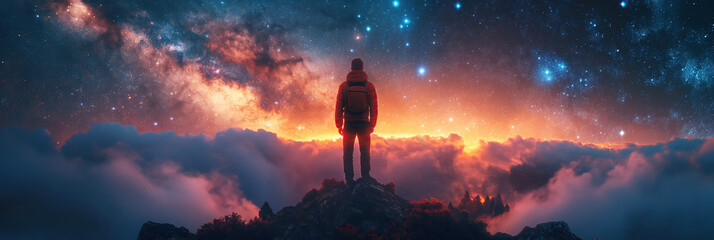 Wall Mural - traveler man standing on top of mountain on background of a starry night sky with a bright colorful Milky way and stars