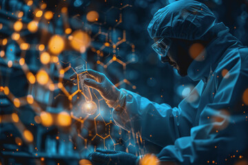 Doctor-scientist hands touch virtual molecular structures in a science lab.