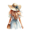 Girl, young woman in a summer dress with a handbag and a straw hat, rear view. Watercolor illustration isolated on transparent background
