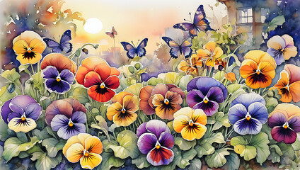 Aufkleber - colorful pansy flowers in the garden and bright butterflies painted with watercolors
