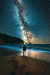 Wall Mural - silhouette of man standing on shore of sea on a background of a starry night blue sky with a bright 