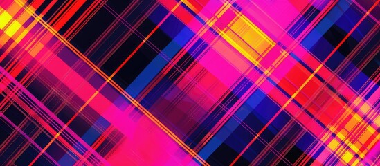 Wall Mural - A close up of a vibrant plaid pattern featuring shades of purple, violet, red, magenta, and electric blue on a black background. The parallel lines create a visually striking design