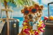 Dog with sunglasses and lei next to suitcase under palm tree, travel with pet