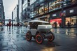 A vehicle robot delivery with spinning tires rolls down an futuristic city road