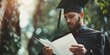A man in a graduation cap and gown is reading a book. Concept of accomplishment and pride, as the man is likely a graduate about to receive his diploma. The man's focused expression