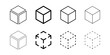 © Chelpanoff - Isometric abstract cube vector icon set. Geometric block, box or brick logo. Dotted, dashed, outline, solid isolated illustrations. Wireframe 3d sign. Square three-dimensional frame.