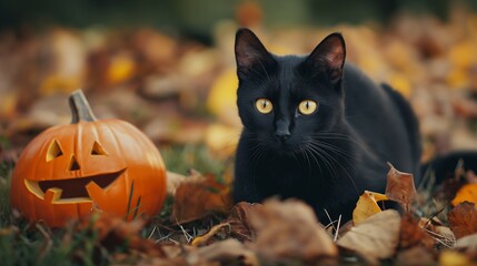 jack o lantern and black cat lying in autumn leaves.