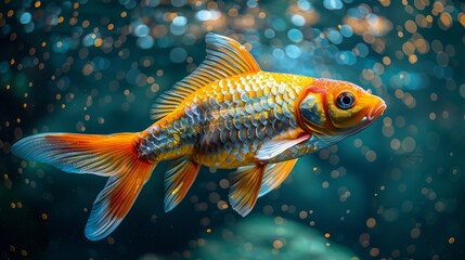 beautiful goldfish on blue water background, closeup