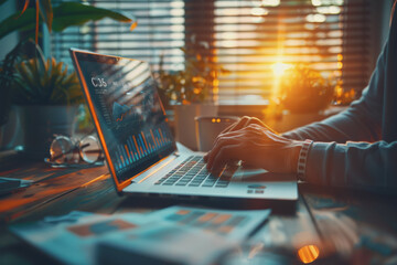 Businessman's hands working on finance, laptop computer with graphic diagrams, stock market..