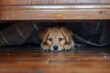 Tiny puppy hiding under furniture
