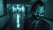 A Haunted School Principal With A Sinister Smile And Glowing Eyes, Lurking In The Shadows Of The Empty Hallways , Prime Lenses