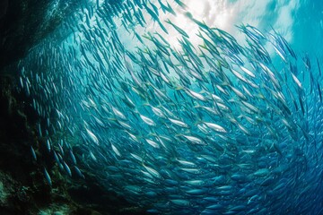 Wall Mural - A massive congregation of fish swim together in the vast expanse of the ocean, A panoramic underwater view of a bustling anchovy school, AI Generated