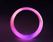 Circle colorful with transparency. Luminous circular frame isolated on a black backdrop. Electric vibrant 3D circular portal, neon lamp, and banner in shades of purple, blue, and pink.	

