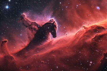 Wall Mural - a horse head emerges prominently in the center of a vast space adorned with countless twinkling star