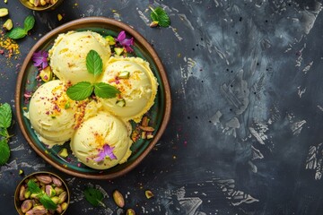 Sticker - Top view of traditional Indian dessert saffron pistachio ice cream kulfi with blank space Ready to eat