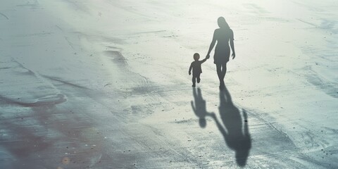 Wall Mural - A woman and her child are walking on a beach. The woman is holding the child's hand