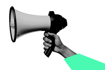 Trendy hand holding a loud speaker megaphone, cutout hand halftone design element