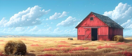 Farm-themed cartoon barn design featuring straw bales and hay piles. Concept Cartoon Barn Design, Farm Theme, Straw Bales, Hay Piles, Colorful Illustration,