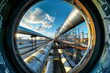 Inside a Pipe: A Unique Perspective of Pipework, A pipeline structure distorted through a fish-eye lens, AI Generated