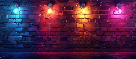 Sticker - A brick wall adorned with colorful lights emitting a vibrant mix of purple, violet, magenta, and electric blue hues, creating a mesmerizing atmosphere against the dark night sky