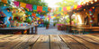 Tabla de madera vieja de un restaurante mexicano al aire libre, con mesas de madera y fondo decorado para una fiesta Mexicana, concepto 5 de mayo