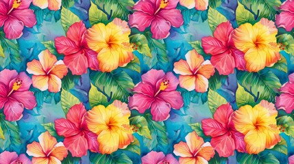 Tropical hibiscus and plumeria, bright and bold colors, watercolor