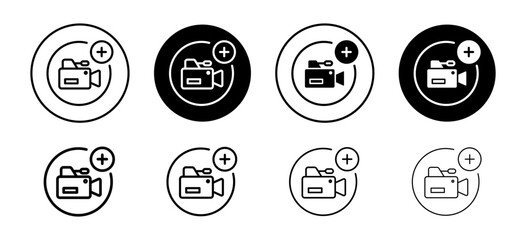 Add video file recording as attachment button icon. broadcast cinema clip media online symbol.