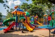 A lively and colorful play area filled with children enjoying various activities in a park, A playground teeming with laughing children, colorful toys, slides, and swings, AI Generated