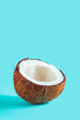 Broken coconut pieces on a blue background.