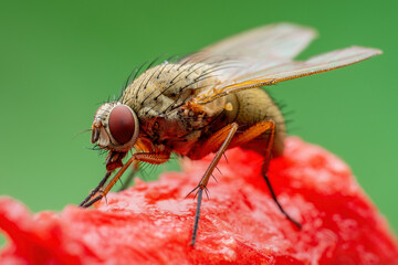 Wall Mural - Tropical Fruit Fly Drosophila Diptera Parasite Insect Pest on Fruit Macro Close-up