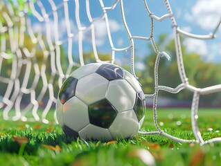 Wall Mural - soccer ball in goal, realistic photo, green background