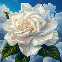 Painting Of A White Rose With Green Leaves Against A Blue Sky