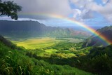 Fototapeta Tęcza - A vibrant rainbow arches across the sky, with a backdrop of a flourishing green valley beneath, A rainbow spanning across a lush Hawaii valley, AI Generated