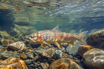 A vibrant rainbow colored fish gracefully swims over rocks in the underwater environment, A rainbow trout swimming in a clear mountain stream, AI Generated