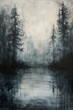 Gemälde eines mysteriösen, dunklen Waldes, geheimnisvolle Bäume im Nebel, Hintergrund für einen Krimi oder Thriller