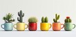 Colorful coffee mugs with cactus plants on white background, vibrant and quirky home decor concept