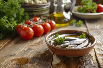 Canvas Print - Anchovies on a table with oil tomatoes and parsley