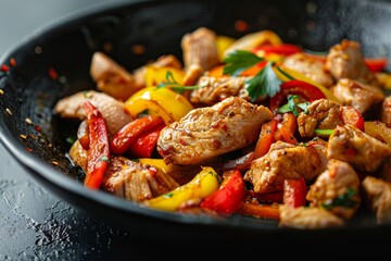 Canvas Print - Asian style dish of spicy meat and peppers cooked in a wok served with chicken red and yellow peppers in a black bowl on a dark background