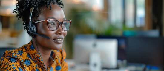 A focused woman wearing a headset at a desk, working in an office environment, concept of customer support. Generative AI