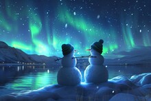 A Couple Of Snowmen Sitting On Top Of A Ground Covered In Snow, A Romantic Snowman Couple Admiring The Northern Lights, AI Generated