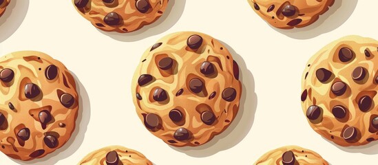 Wall Mural - A delicious seamless pattern of chocolate chip cookies on a white background. The perfect blend of ingredients and symmetry makes this baked goods art a mouthwatering treat