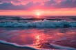 The sun is descending below the horizon as it casts a warm glow over the rolling waves of the ocean, A rosy-hued sunset reflected in gentle ocean waves, AI Generated