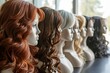A display of various wigs neatly lined up on a table, showcasing different styles and colors, A row of hair mannequins displaying various styled wigs, AI Generated