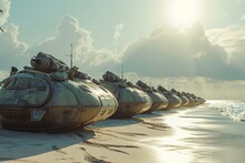 A Line Of Military Tanks Parked Along The Sandy Shore Of A Beach, A Row Of Military Hovercrafts Docked On A Sunlit Beach, AI Generated