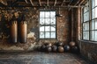 This photo captures a room with an abundance of balls scattered across the floor, A rugged, old-style gym with heavy punching bags and bare brick walls, AI Generated