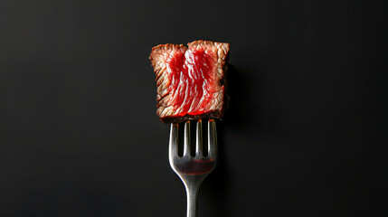 Wall Mural - Fork with slices of beef steak medium rare, black clean background. Aesthetic restaurant concept. Generative AI