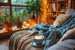 © ADDICTIVE STOCK - A heartwarming coffee cup surrounded by fairy lights and plush throws offers a homely retreat, envisioned by Generative AI